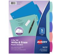 Avery Durable Plastic 5-Tab Write & Erase Big Tab Dividers for 3 Ring Binders Pastel Brights (16270)