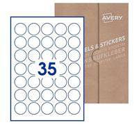 Avery Etichette adesive in carta bianca, rotonde diametro 35mm, 100 fogli, 35 etichette per foglio, formato foglio A4, adesivo permanente, stampanti laser e inkjet o scrivibili a mano
