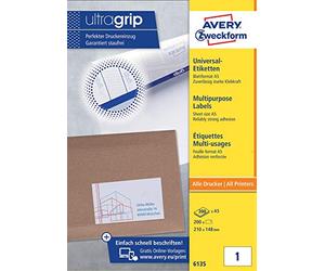 Avery Italia 6135 Etichette adesive bianche A5, 210x148mm, 1 etichetta per foglio