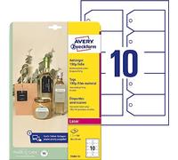 Avery Italia Cartellini con foro in plastica ultraresistente da 190µ su foglio A4, formato 80x50mm, 15 cartellini per foglio, stampa laser fronte e retro, cordoncino incluso, confezione da 10 fogli