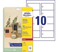 Avery Italia Cartellini con foro in plastica ultraresistente da 190µ su foglio A4, formato 90x50mm, 10 cartellini per foglio, stampa laser fronte e retro, cordoncino incluso, confezione da 10 fogli