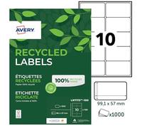 Avery Italia Etichette in carta riciclata bianca per buste e pacchi 99,1x57mm, 10 etichette per foglio, adesivo permanente, stampanti Laser, confezione da 100 fogli