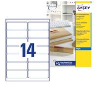 Avery Italia J8563-25 Etichette adesive in poliestere trasparente resistente, 25 fogli A4, rettangolari 99,1x38,1mm, 14 etichette per foglio, adesivo permanente, stampanti inkjet