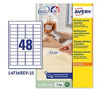 Avery etichette adesive in carta bianca - adesivo rimovibile - 45,7x21,2mm - 48 etichette per foglio - 25 fogli - stampa laser e inkjet - bianco carta L4736REV-25