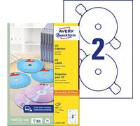 Avery Italia L7676-100 Etichette Full-Face per CD, 2 Pezzi per Foglio, 100 Fogli, Diametro 117 mm, Bianco