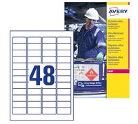 Avery Italia L7911-10 Etichette adesive in polietilene bianco extra resistente, 10 fogli A4, rettangolari 45,7x21,2mm, 48 etichette per foglio, adesivo permanente, stampanti laser