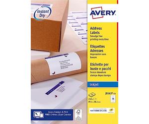 Avery J8163-15 Etichette autoadesive bianche, 210 pezzi, 99,1 x 38,1 mm, foglio A4, stampante a getto d'inchiostro, formato compatto, carta FSC, compatibile con My Online Stamp