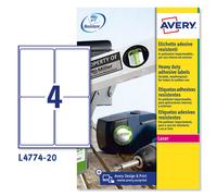 etichette adesive l4774 - in poliestere - laser - permanenti - 99,1 x 139 mm - 4 et/fg - 20 fogli - bianco - avery