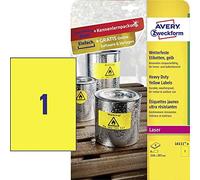 Avery L6111-8 Etichette in poliestere giallo resistenti, 210 x 297 mm, 1 etichetta per foglio, confezione da 8 fogli, stampanti laser
