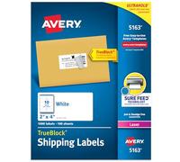 Avery Printable Shipping Labels with Sure Feed, 2" x 4" Customizable Stickers, White, 1,000 Blank Mailing Labels, Great for Mailing, Shipping, and More (5163)