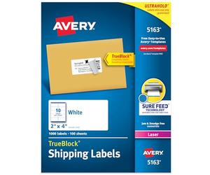 Avery Printable Shipping Labels with Sure Feed, 2" x 4" Customizable Stickers, White, 1,000 Blank Mailing Labels, Great for Mailing, Shipping, and More (5163)