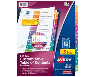 Avery Ready Index Table of Contents Dividers 3 Sets 10 tabs
