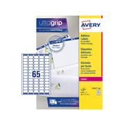 Avery Italia L7651-100 Etichette adesive in carta bianca, 100 fogli A4, rettangolari 38,1x21,2mm, 65 etichette per foglio, adesivo permanente, stampanti laser
