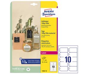 AVERY - T3002-10 - Cartellino stampabile resistente - plastica 190 µ - con angoli tagliati - laser - 90 x 50 mm - 10 cart-fg - 10 fogli - bianco - Avery - 101312 - Conf. da 1 Pz. - T3002-10