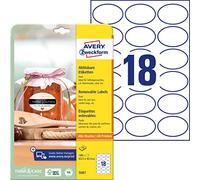 AVERY Zweckform 180 etichette autoadesive per bottiglie (63,5 X 42,3 mm,ovale,adesivo),ideali per barattoli,barattoli di spezie,bottiglie di liquore,fatti in casa,in cucina,art.5087) 10 fogli Bianco