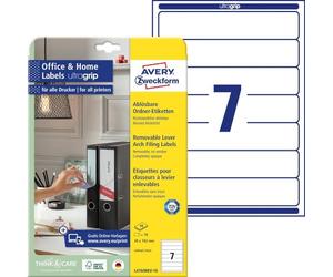 AVERY Zweckform L4760REV-10 - Etichette per raccoglitori (70 targhette per dorso con ultragrip, 38 x 192 mm su A4, rimovibili, strette/corte, autoadesive, opache, stampabili), 10 fogli, bianco