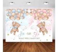 Avezano Sfondo fotografico a tema orso, con palloncini rosa e blu, per sesso e baby shower, decorazione per feste di nascita, 2,1 x 1,5 m