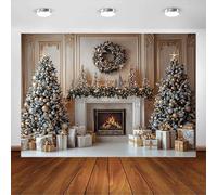 Avezano Sfondo natalizio dorato con caminetto e albero di Natale, sfondo per foto di famiglia, Natale, inverno, vacanze, feste, ritratti, scenografie (2,1 x 1,5 m)