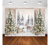 Avezano Sfondo natalizio invernale, foresta, finestra, albero di Natale, regali, sfondo fotografico, decorazione per feste in famiglia per bambini (2,1 x 1,5 m)
