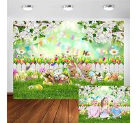 Avezano Sfondo pasquale per fotografia, giardino primaverile, recinto, erba verde, uova colorate, sfondo bokeh per bambini, compleanno, baby shower, ritratti per cabina fotografica (2,1 x 1,5 m)