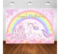 Avezano Sfondo per compleanno con unicorno, arcobaleno, nuvola, castello, sfondo fotografico, decorazione per foto (2,1 x 1,5 m)