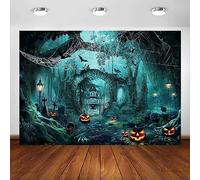 Avezano Sfondo per Halloween, horror, foresta nebbiosa, zucca, stregone, fantasma, cimitero, bambini, feste di Halloween, decorazioni per cabina fotografica (verde, 2,1 x 1,5 m)
