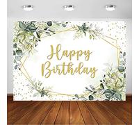 Avezano Sfondo verde per feste di compleanno, foglie verdi eucalipto, puntini dorati, per feste di compleanno, sfondo fotografico, sfondo decorativo per cabina fotografica (2,4 x 1,8 m)