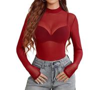 Avidlove Body Donna a Collo Alto Top in Rete a Maniche Lunghe Abbigliamento da Club e Party T-shirt Casual Stile Y2K Outfit da Festival e Rave Rosso M