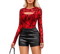 Avidlove Body sexy da donna con Snap Crotch Mesh Top a maniche lunghe top trasparente Festival outfit elegante Curvy, A strisce rosse, L