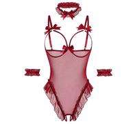 Avidlove Lingerie da donna, set da 4 pezzi, babydoll in tessuto a rete trasparente, con colletto staccabile e polsini