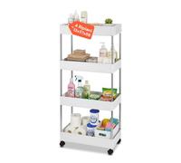 Avilia - Carrello 4 Ripiani Cucina Slim Bianco - Organizer Salvaspazio su Ruote per Bagno e Lavanderia - Carrellino Stretto Porta Detersivi e Spezie con 4 Ganci Laterali - Design Verticale Compatto