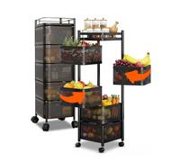 Avilia - Carrello Con Ruote Portatutto Richiudibile Multiuso con Cestelli Capienti e Struttura Salvaspazio per Cucina Bagno e Ufficio Design Pieghevole con Ruote Frenanti (Nero Quadrato, 5 Cestelli)