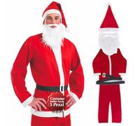 Avilia - Costume Babbo Natale Uomo 5 Pezzi con Barba e Cintura Regolabile, Giacca e Pantaloni in Poliestere Morbido, Taglia Unica per Feste Natalizie e Eventi