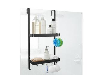 Avilia - Organizer Box Doccia a 2 Ripiani - Mensola Doccia da Appendere Senza Fori, 6 Ganci per Spugne e Rasoi, Porta Shampoo e Sapone Resistente all'Umidità, Moderno Salvaspazio