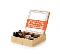 Avilia - Organizer Multifunzione in Bambù con Specchio LED Integrato, 3 Scomparti - Make-Up Skincare Accessori, Contenitore Porta Trucchi, Toeletta Design Elegante, Struttura Resistente.