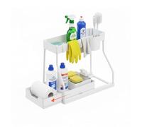 Avilia Organizer Sottolavello Estraibile a 2 Livelli - Cassetto Scorrevole Salvaspazio con Secchiello Laterale e 4 Ganci - Supporto Multiuso per Detergenti e Spugne - per Cucina, Bagno e Lavanderia