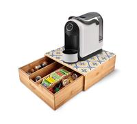 Avilia Porta Cialde Caffè e Porta Capsule in Bambù con Cassetto e Ripiano in Vetro, Maioliche di Sorrento, Organizer per Angolo Caffè e Tè in Cucina, 30x30x10cm, Elegante e Compatto per Casa e Ufficio