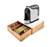 Avilia Porta Cialde Caffè e Porta Capsule in Bambù con Cassetto e Ripiano in Vetro Marmorizzato Bianco, Organizer per Angolo Caffè e Tè in Cucina, 30x30x10cm, Elegante e Compatto per Casa e Ufficio