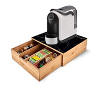 Avilia - Porta Cialde Caffè e Porta Capsule in Bambù con Ripiano in Vetro Marmorizzato Nero, Organizer per Angolo Caffè e Tè 30x30x10cm, Elegante e Compatto per Casa e Ufficio