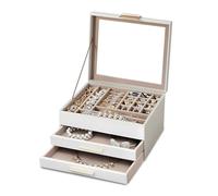 Avilia Portagioielli Donna Ecopelle - 19 Scomparti, 2 Cassetti, 3 Livelli | Coperchio Vetro + Velluto Interno | Idea Regalo Donna Elegante | Impermeabile 23x20x13,8 cm