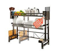 Avilia - Scolapiatti Cucina Espandibile 2 Livelli in Metallo con Accessori, Organizer per Lavello e Piano di Lavoro Regolabile 58-96 cm, con Porta Coltelli e Ganci, Ideale come Scaffale Salvaspazio