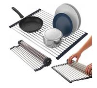 Avilia - Scolapiatti da Lavello Arrotolabile in Acciaio Inox 43x35 cm Resistente al Calore, Facile da Pulire, Ideale come Griglia Scolapiatti e Piano d’Appoggio Salvaspazio