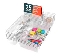 Avilia Set 25 Organizer Cassetti Trasparenti Impilabili - Divisori Modulari Plastica - Contenitori Cassettiera Scrivania, Armadio, Cucina, Make-up - Kit Salvaspazio 4 Formati