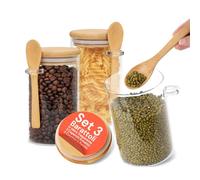 Avilia - Set 3 Barattoli Vetro con Coperchio Ermetico in Legno e Cucchiaio da 500ml, Ideali per Spezie e Zucchero, Facili da Riempire, Riutilizzabili ed Eleganti per Ogni Cucina