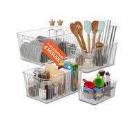 Avilia - Set 4 Organizer, Plastica Robusta, Multiuso Trasparenti, Contenitori Salvaspazio, Manici Integrati per Cucina, Frigorifero e Bagno - Box Impilabili, Dispensa e Trucchi