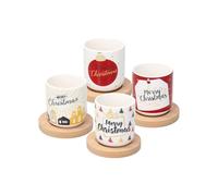 Avilia Set 4 Tazze con Piattino in Legno e Decorazione Natalizia - Tazzine da Tè Natalizie con Sottobicchiere, in Porcellana e Legno, 200cc