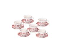Avilia Set 6 Tazze da Caffè o Tè con Piattini - Set Tazze e Piattini con Decorazioni Arabesche, in Porcellana, 270cc, Bianco e Rosso