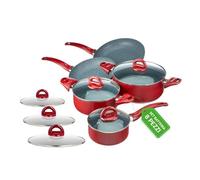 Avilia Set Batteria 8 Pezzi in Alluminio Antiaderente Rossa - il Set Include 2 Casseruole, 2 Padelle Antiaderenti, 1 Tegame un Coperchio in Vetro - Ideale per Tutti i Piani di Cottura