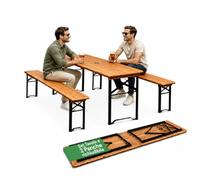Avilia Set Birreria Tavolo Pieghevole con 2 Panche 180 cm, Legno e Ferro | Tavolo da esterno con foro ombrellone 5 cm e panche pieghevoli, portata tavolo 200 kg, spessore da chiuso 2,5 cm