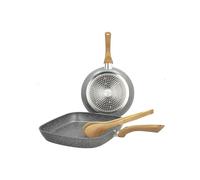 Avilia Set Padella Rotonda Antiaderente con Grill Quadrata e Pinze - Set Padella, Grill ad Induzione e Pinze, con Rivestimento Marmotech e Pinze in Bambù, Padella da 24cm e Bistecchiera da 28 cm